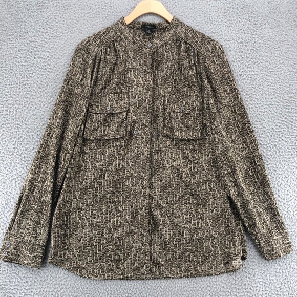 Ann Taylor Top Womens 12 Brown Croc Print Button Up Long Sleeve Pockets Blouse - Picture 1 of 9